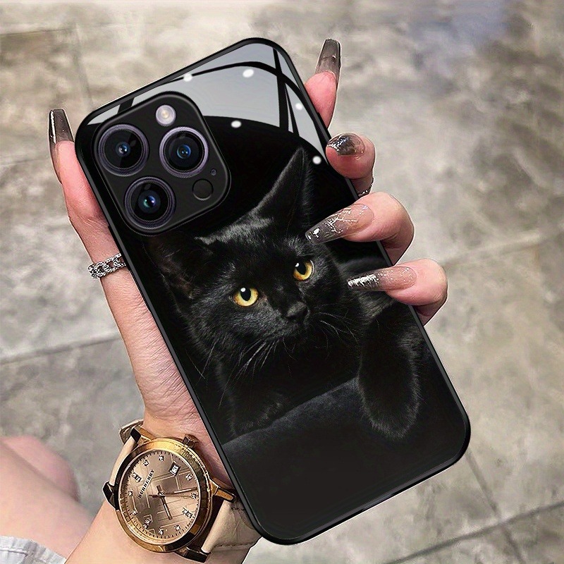 Phone Cases Online - Cute Black Cat Pattern Tempered Glass